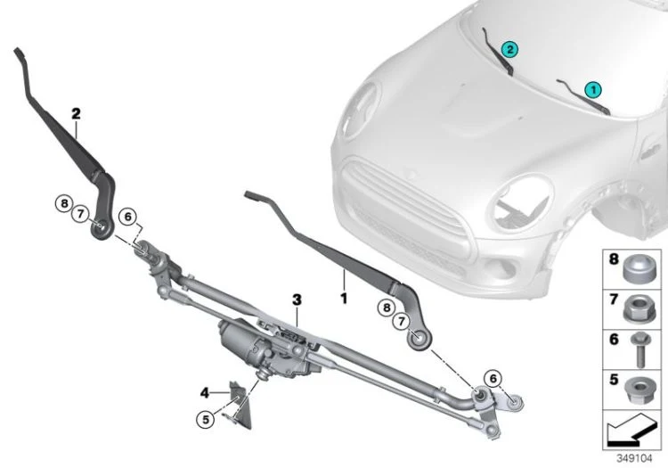 Varillaje limpiaparabrisas con motor OEM 61617419788 para MINI F56, F55, F57, F56 BEV, F56 LCI... y más. Original MINI.
