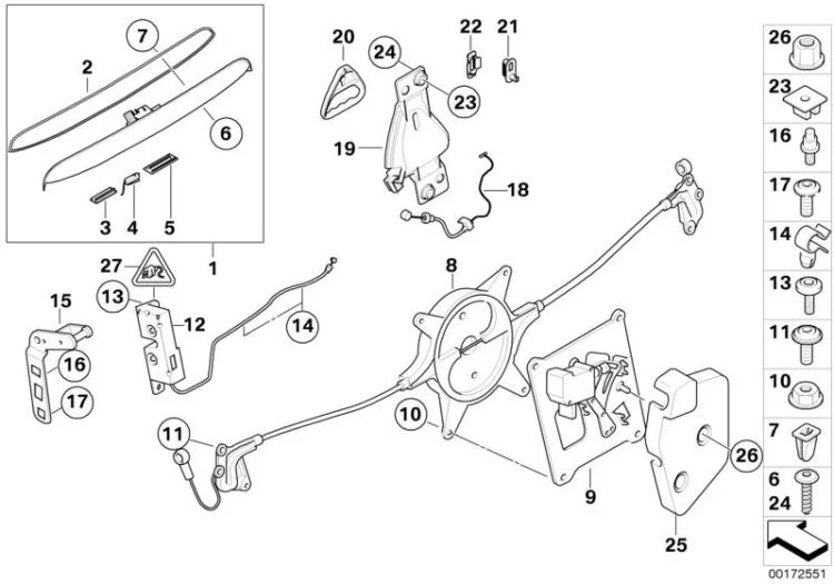 Cerradura tapa portamaletas izquierda OEM 51247111465 para MINI Cabrio R52, Cooper S... y más. Original MINI.