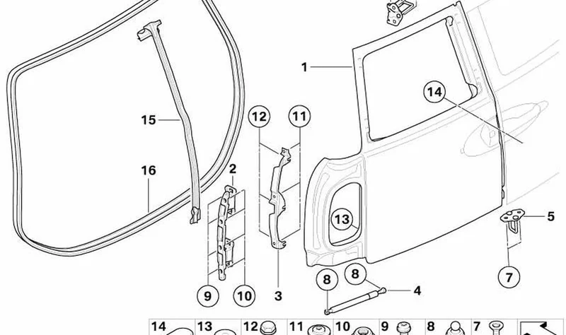 Bisagra Splitdoor derecha imprimada OEM 41542757542 para MINI Clubman R55, R55 LCI. Original MINI.