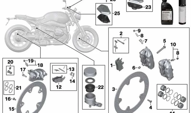 Juego de émbolo del freno delantero con junta OEM 34118549507 para motos BMW R nineT, F 900 R, F 900 XR, F 800 R. Original BMW Motorrad.