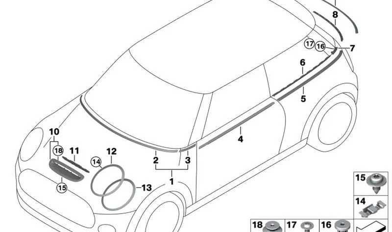 Moldura embellecedora lateral trasera derecha OEM 51355A3BE08 para MINI F56, F56 BEV, F66. Original MINI.