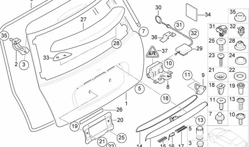 Espoiler tapa de portamaletas imprimado OEM 51627117730 para MINI R50, R52, R53... y más. Original MINI.