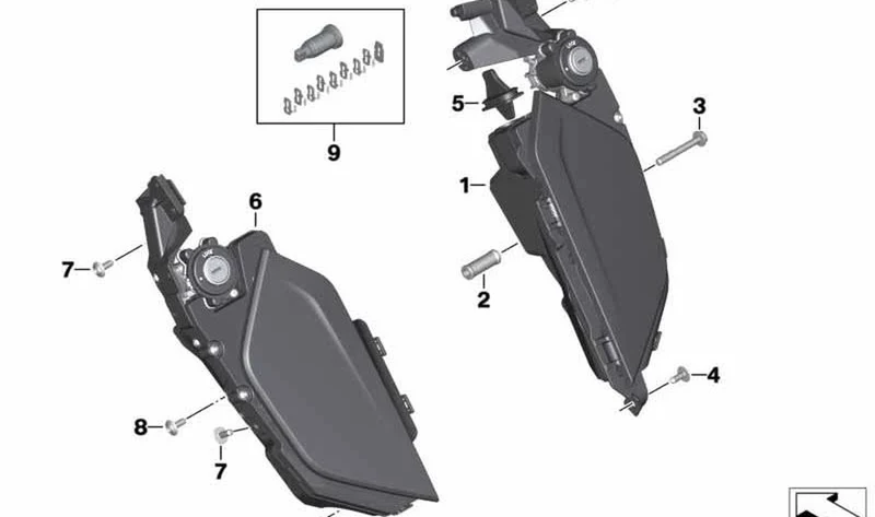 Portaobjetos derecho OEM 46638557436 para motos BMW K1600 GT, K1600 GTL, K1600 Bagger. Original BMW Motorrad.