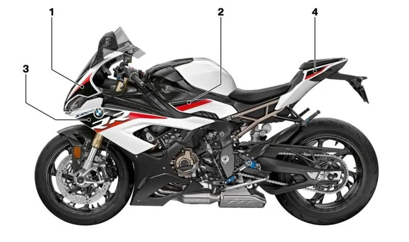 Decal lateral trasero derecho carenado OEM 51147925474 para BMW S 1000 RR K67 (2018-2022). Original BMW Motorrad.