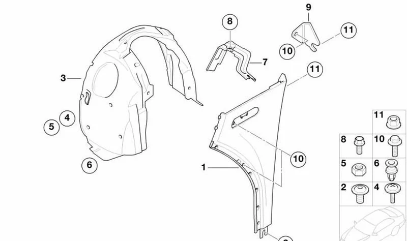Soporte pared lateral derecha OEM 41007033558 para MINI R50, R53, Cabrio R52. Original MINI.