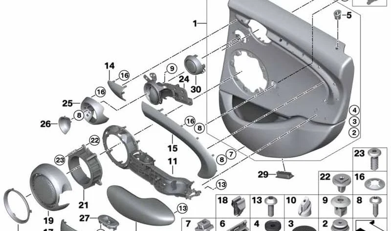 Revestimiento puerta trasera derecha OEM 51427429350 para MINI F55, F55 LCI. Original MINI.