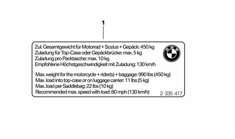 Rótulo indicador de carga útil OEM 71249457903 para motos BMW S 1000 XR (K69). Original BMW Motorrad.