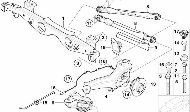 Brazo longitudinal derecho trasero OEM 33326757160 para MINI R50, R53, Cooper, One (2001-2006). Original MINI.