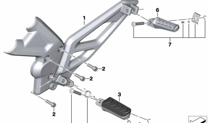 Reposapiés del acompañante fijación OEM 46719457059 para motos BMW G 310 R (K03). Original BMW Motorrad.