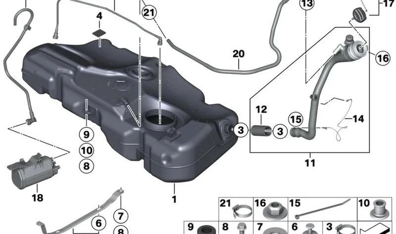 Depósito de combustible plástico OEM 16117270606 para MINI R56, R56 LCI, Clubman R55, Cabrio R57... y más. Original MINI.