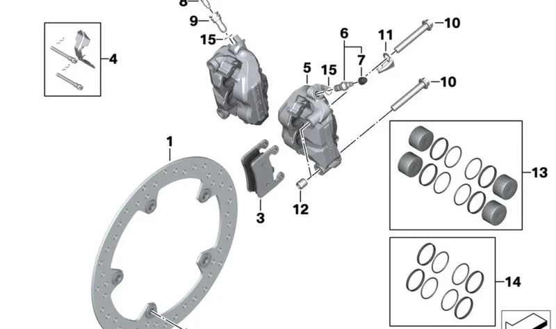 Silla de freno izquierda OEM 34117105637 para BMW Motorrad S 1000 RR (K67) 2018-2022. Original BMW Motorrad.
