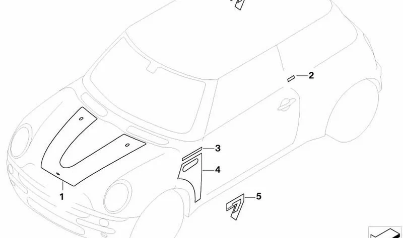 Lámina adhesiva derivabrisas lateral OEM 51147175892 para MINI R50, R53, Cooper, Cooper S. Acabado CHECKMATE-BLACK. Original MINI.
