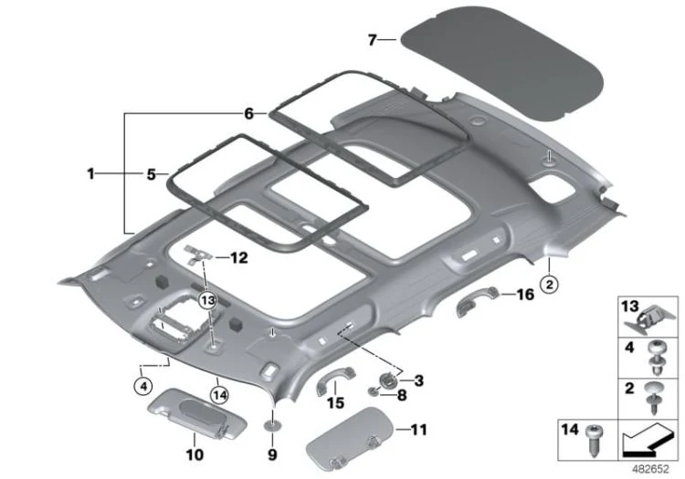 Parasol iluminado derecho Satellite Grey OEM 51167424696 para MINI Countryman F60 (11/2015 - 07/2020), F60 LCI (05/2019 - 02/2024). Original MINI.