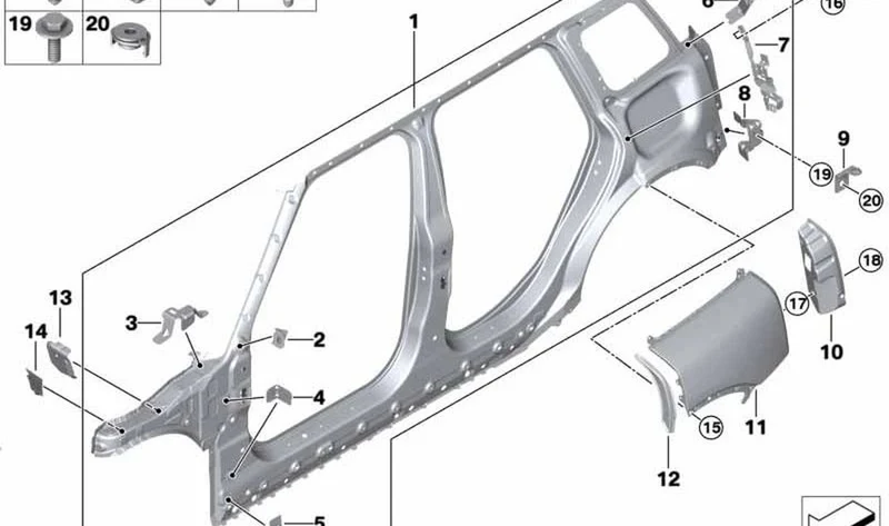 Soporte pared lateral columna A izquierda OEM 41007438927 para MINI Clubman F54, F54 LCI. Original MINI.